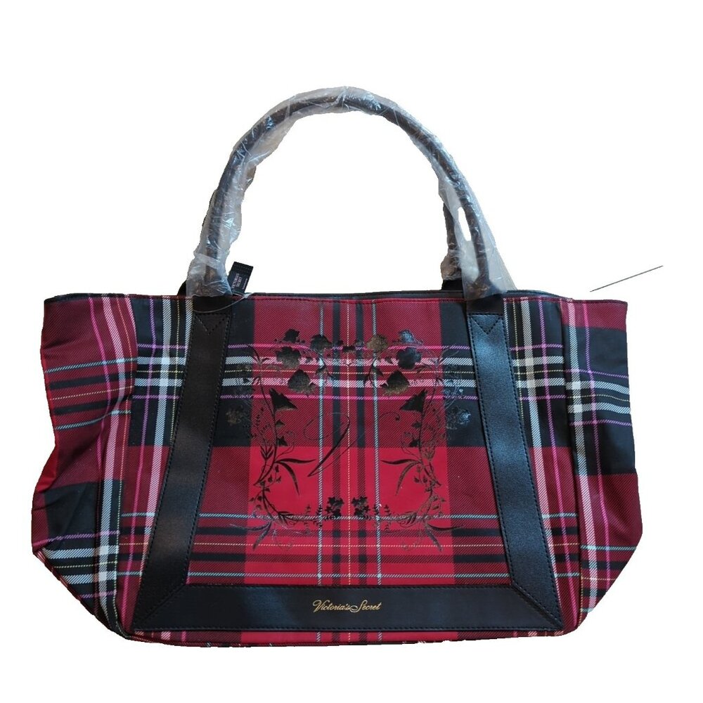 Victoria's Secret Red Black Plaid Tote Bag Limited Edition Logos Travel  NEW-lp